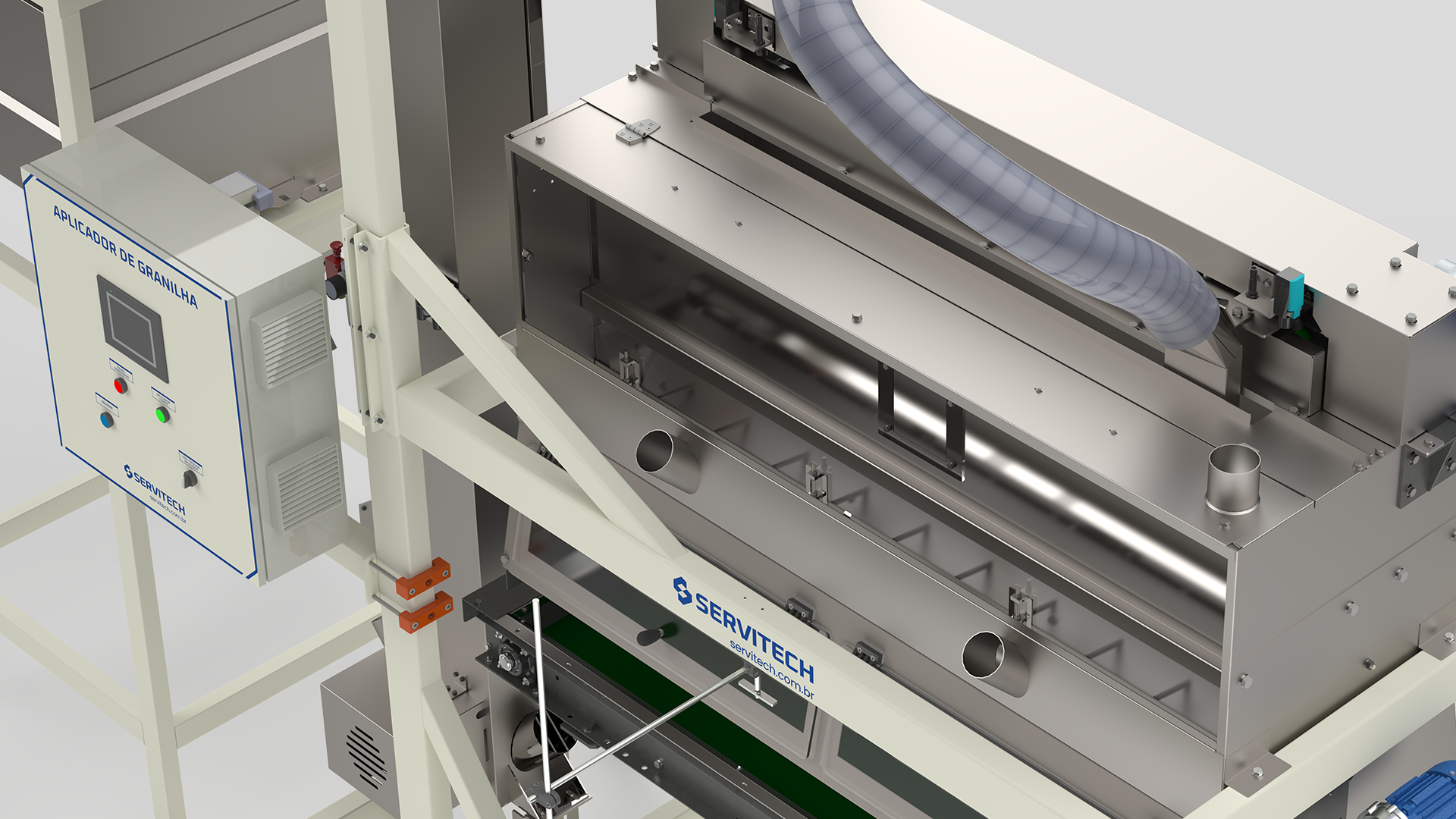 Equipamentos personalizados: por que entender o processo vem antes da máquina 1 Imagem ilustrativa da máquina para aplicação de granilha servitech, com sistema de aplicação móvel.