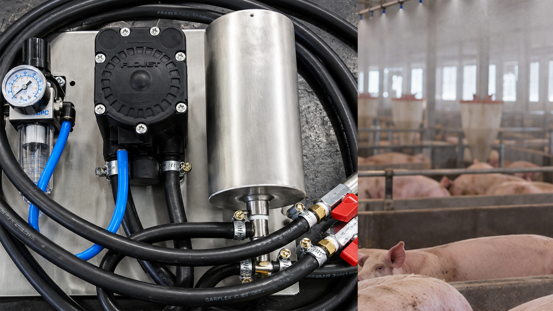 Flojet pump in cooling system for pig farming